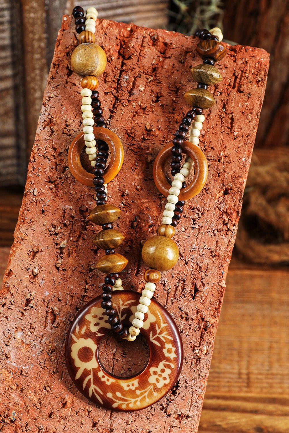 Brown Vintage Beaded Wooden Pendant Necklace - Image 3