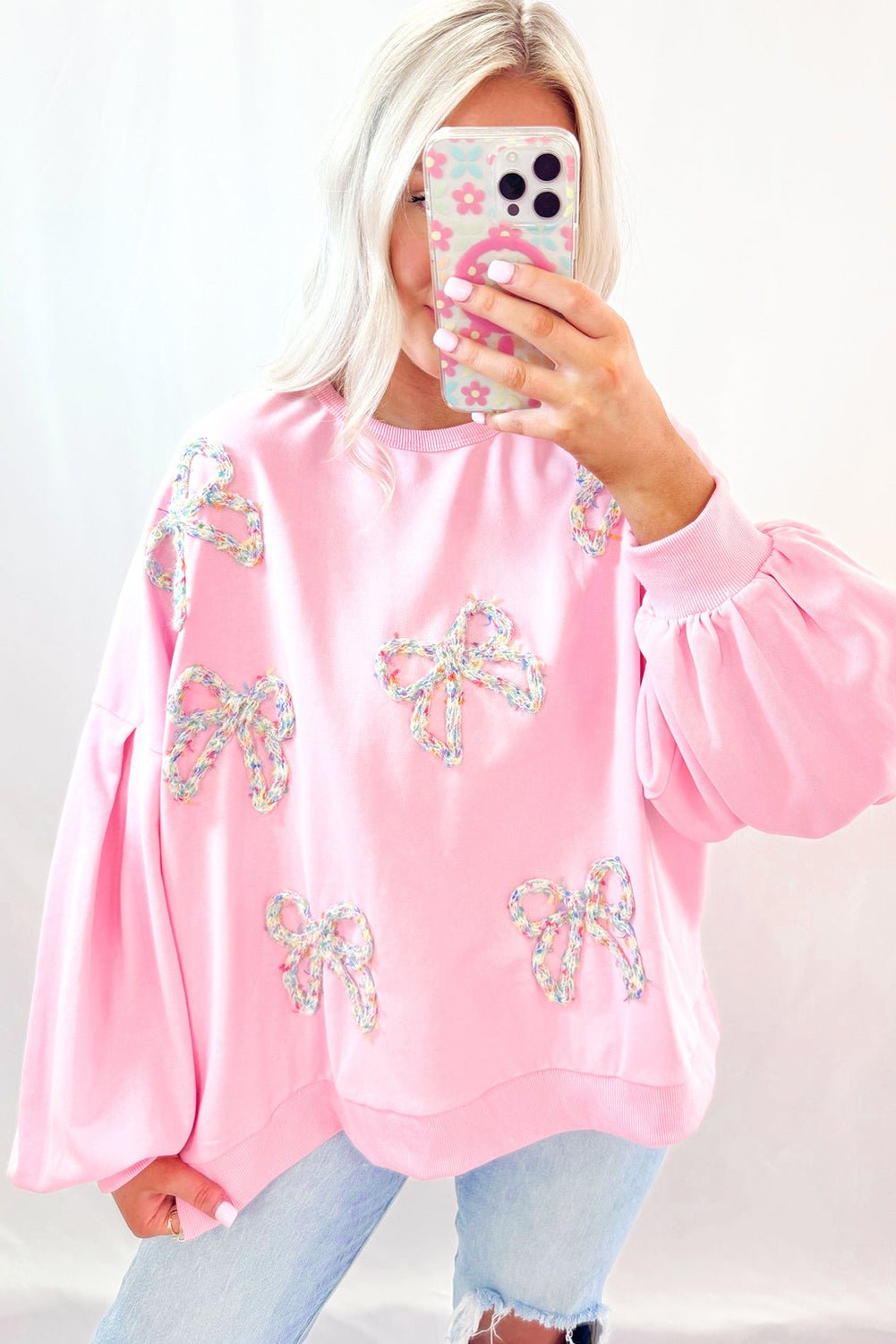 Light Pink Embroidered Bow Lantern Sleeve Oversized Pullover Sweatshirt - Image 3