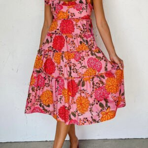 Pink Floral Square Neck Ruffled Flutter Sleeve Tiered Midi Dress