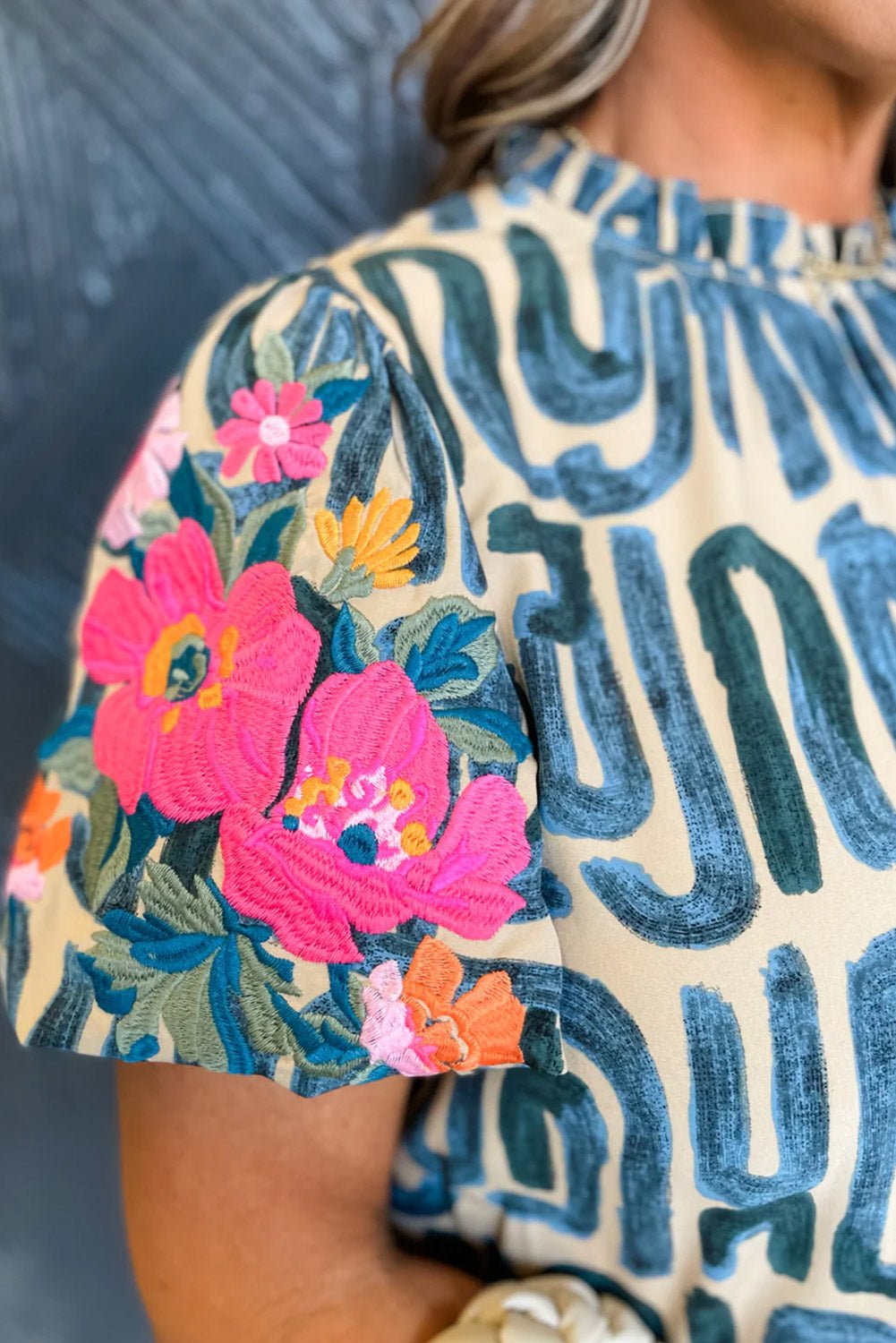 Beige Embroidered Puff Sleeve Frilled Neck Printed Top - Image 6