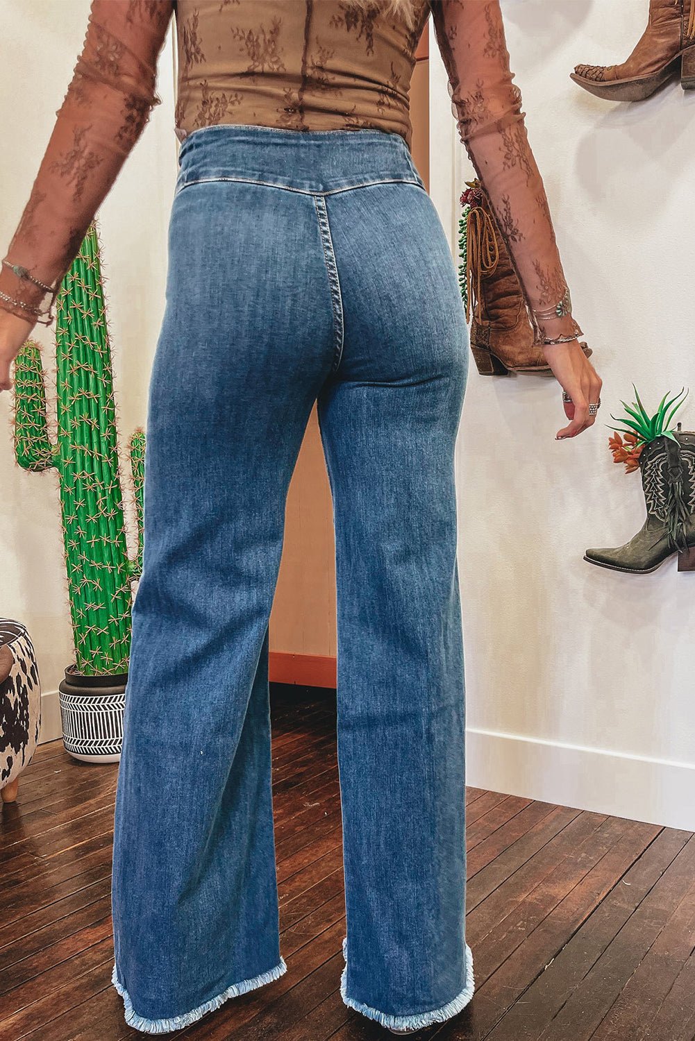 Sail Blue High Waist Button Fly Seamed Raw Hem Flare Jeans - Image 2