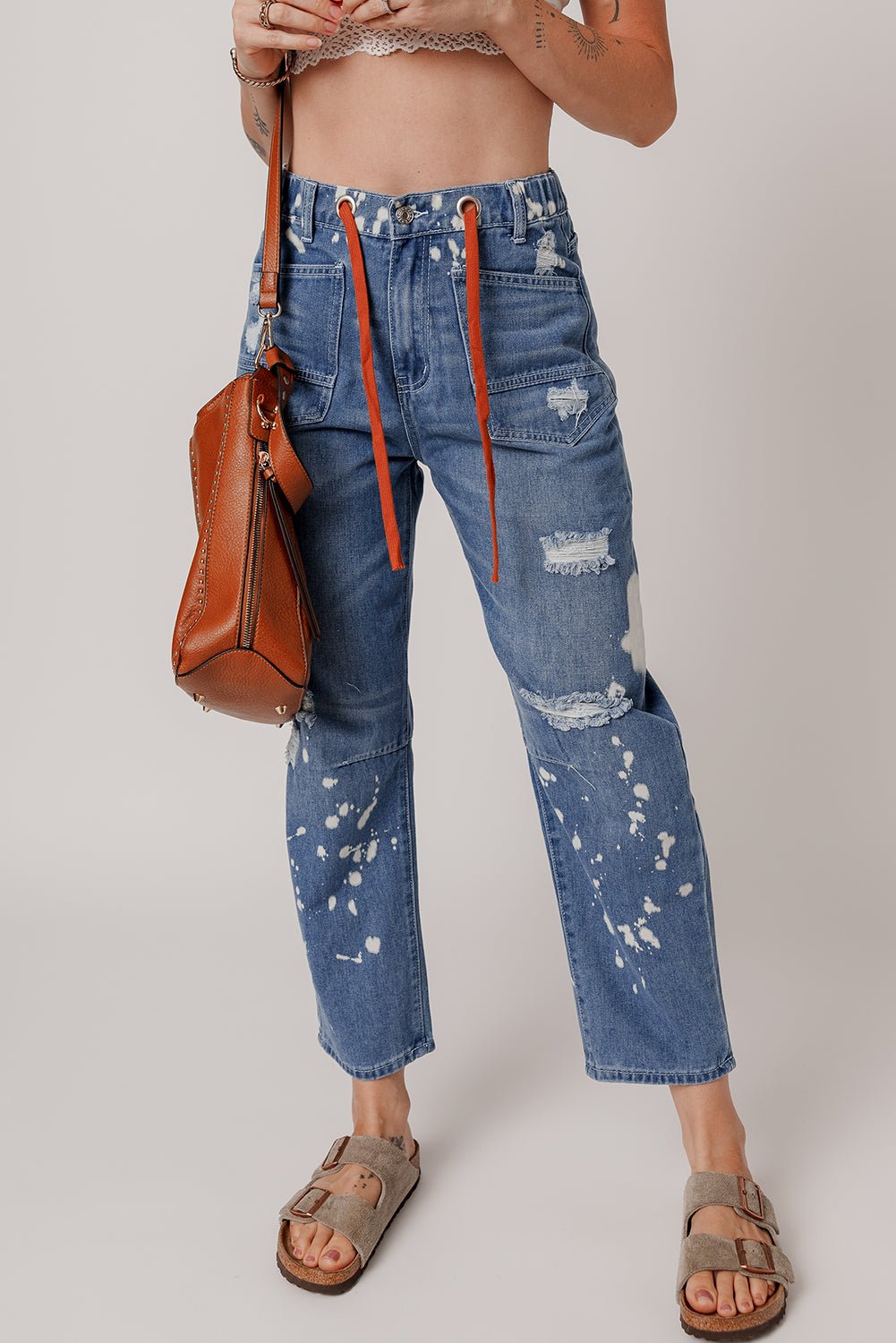 Ashleigh Blue Ripped Splattering Paint Rope Waist Cropped Straight Jeans - Image 4