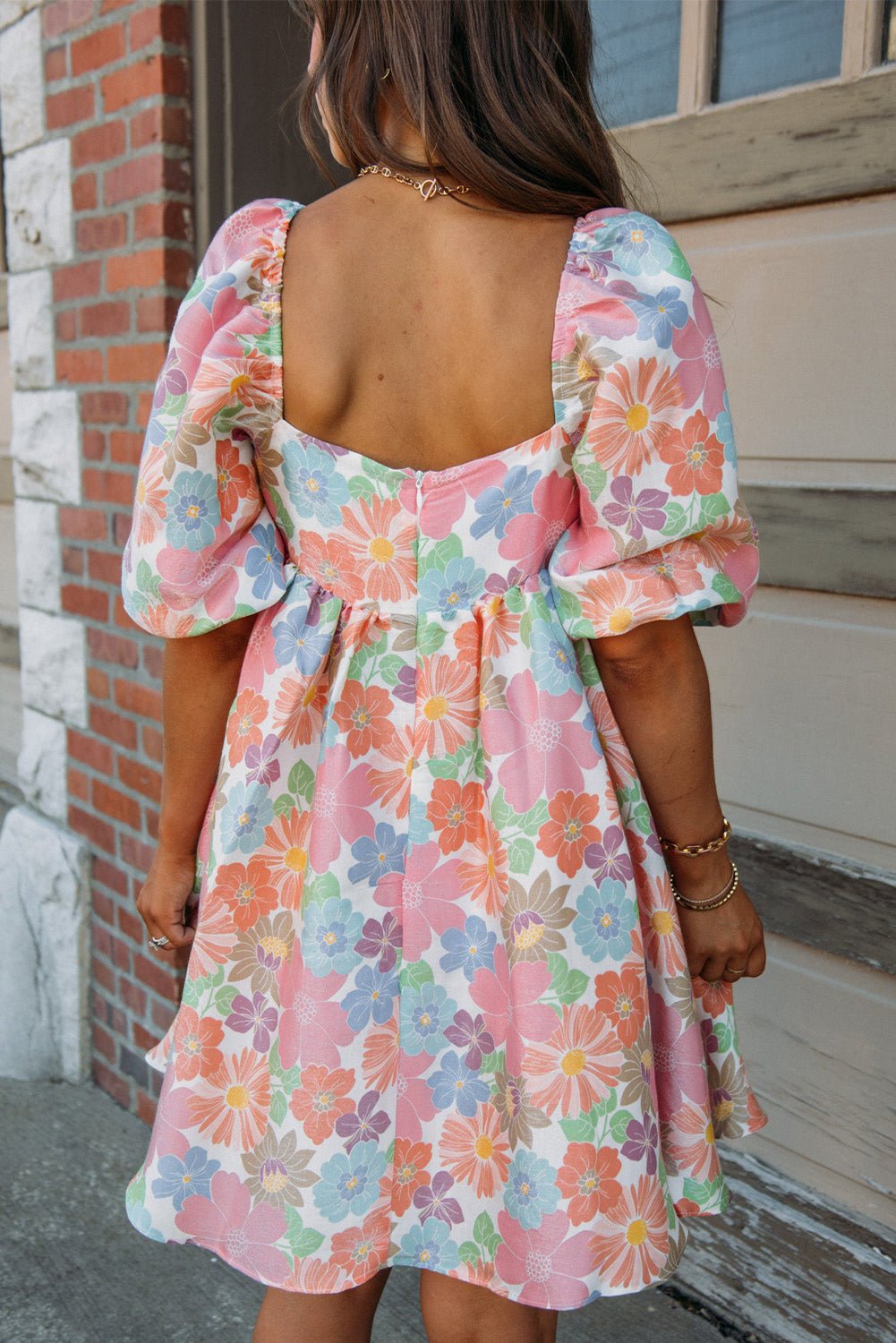 Pink Summer Floral Square Neck Puff Sleeve Babydoll Dress - Image 2