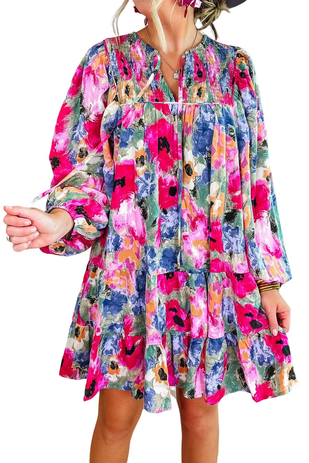 Multicolour Floral Tie Neck Bubble Sleeve Shift Dress - Image 5