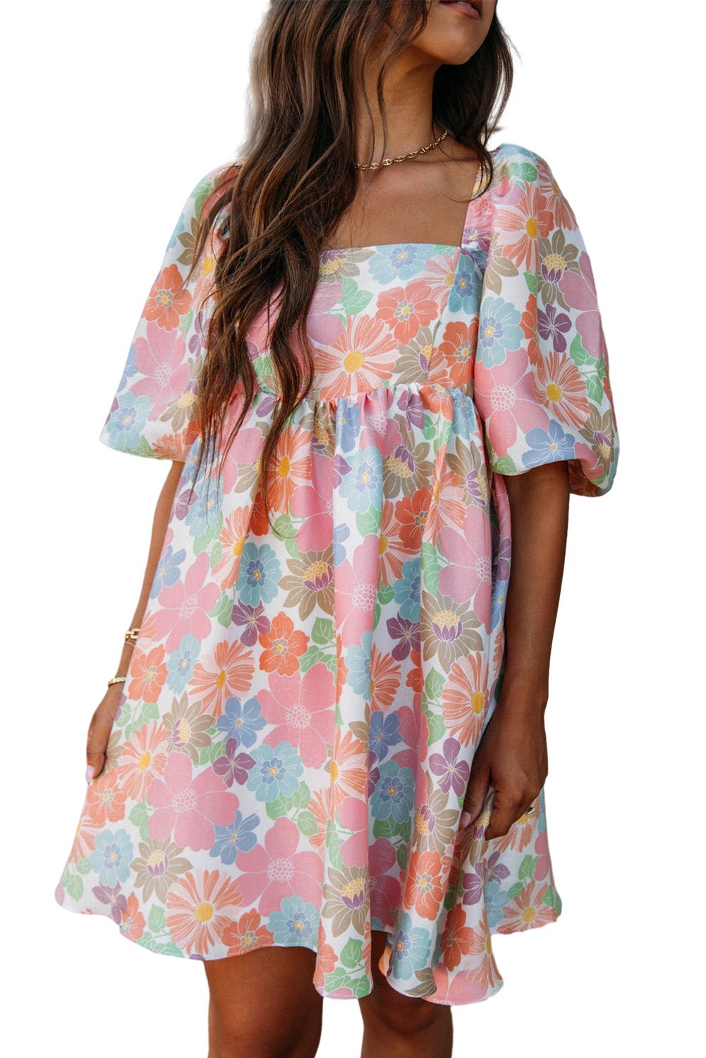 Pink Summer Floral Square Neck Puff Sleeve Babydoll Dress - Image 7