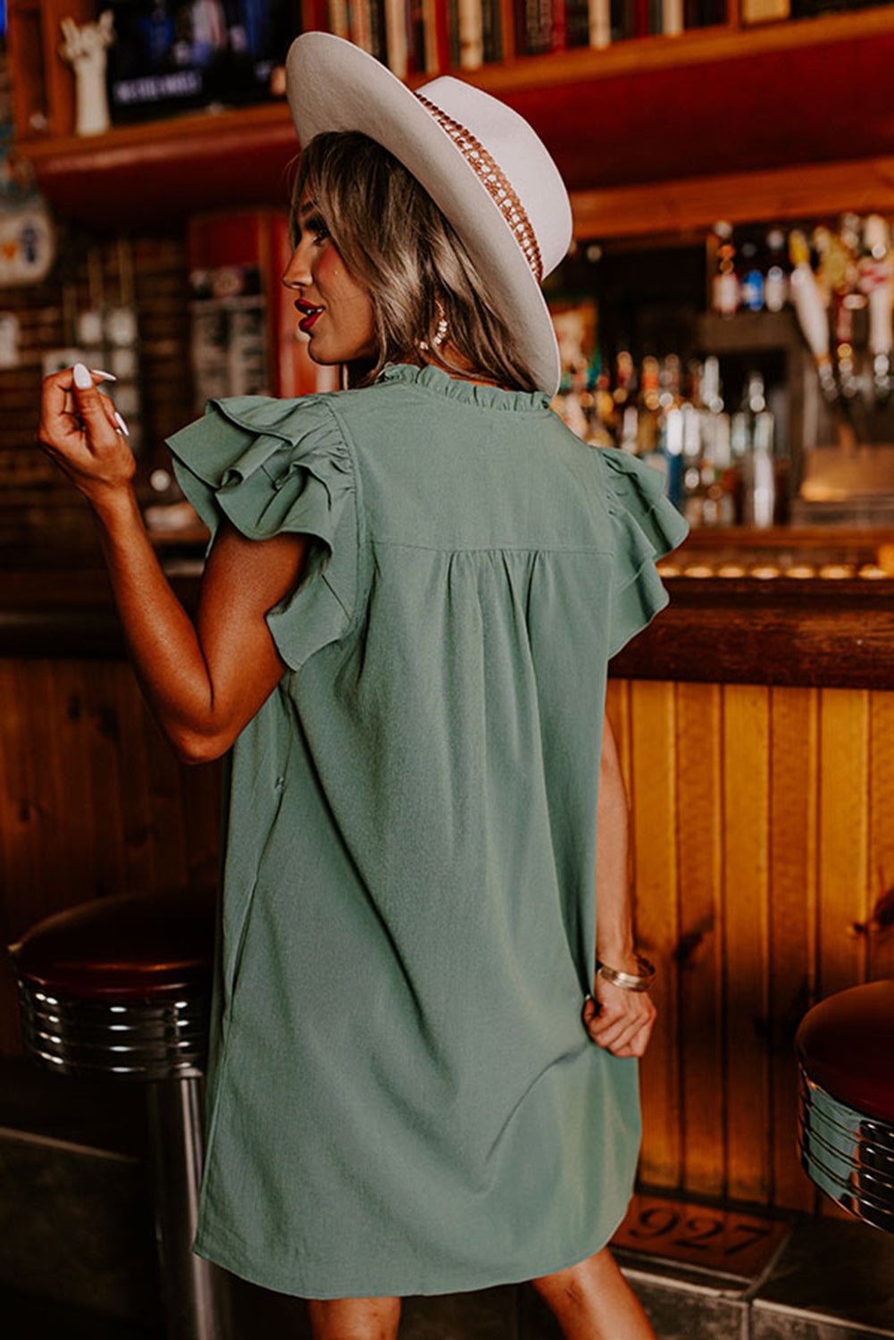 Mist Green Ruffle Sleeve V Neck Frilled Shift Dress - Image 2