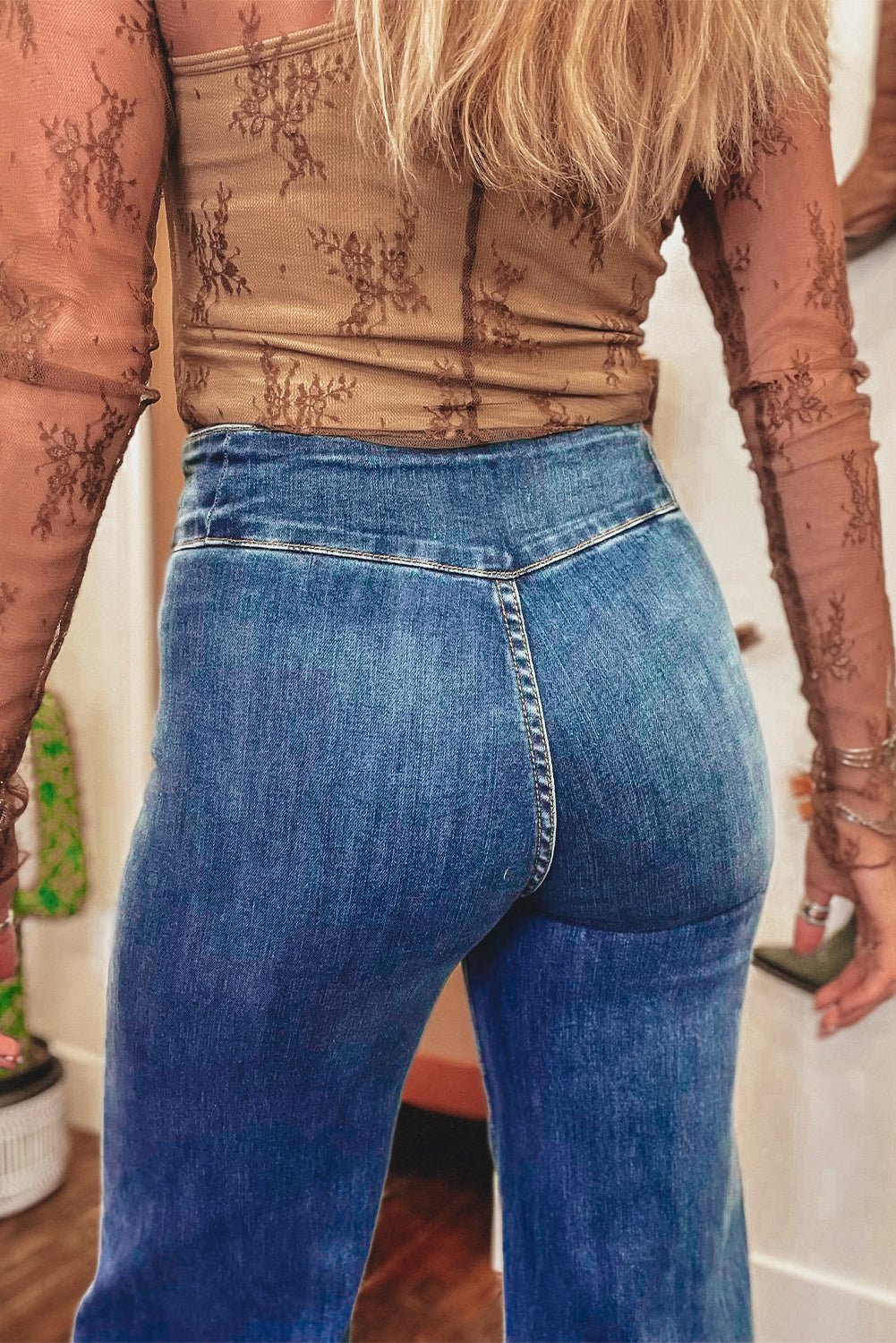 Sail Blue High Waist Button Fly Seamed Raw Hem Flare Jeans - Image 5