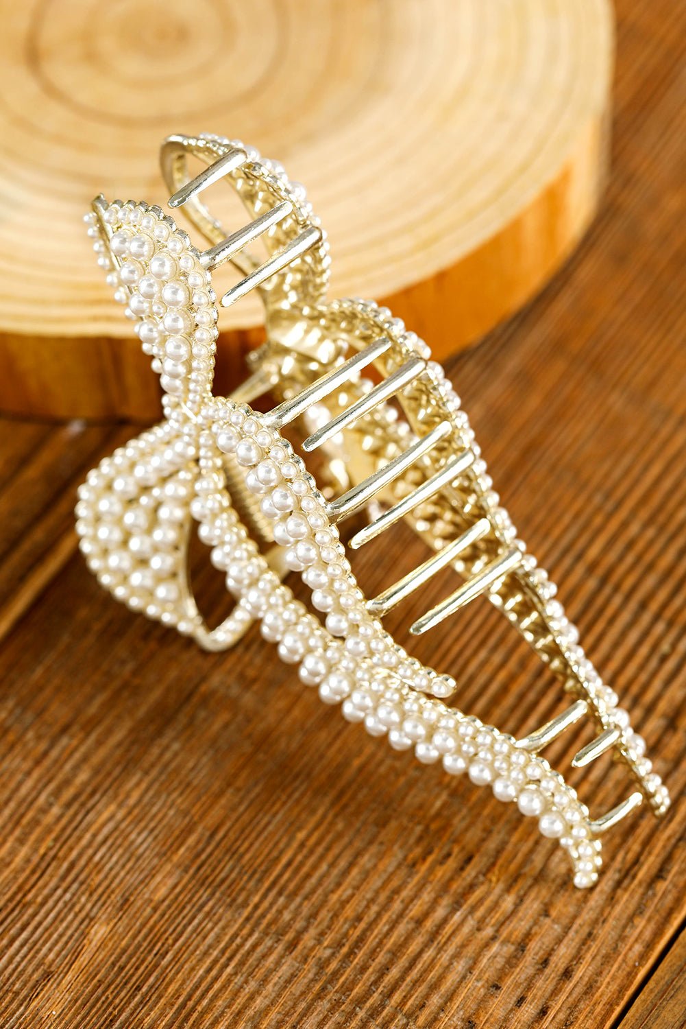 Gold Full Pearl Bow Knot Hair Claw Clip - Image 8