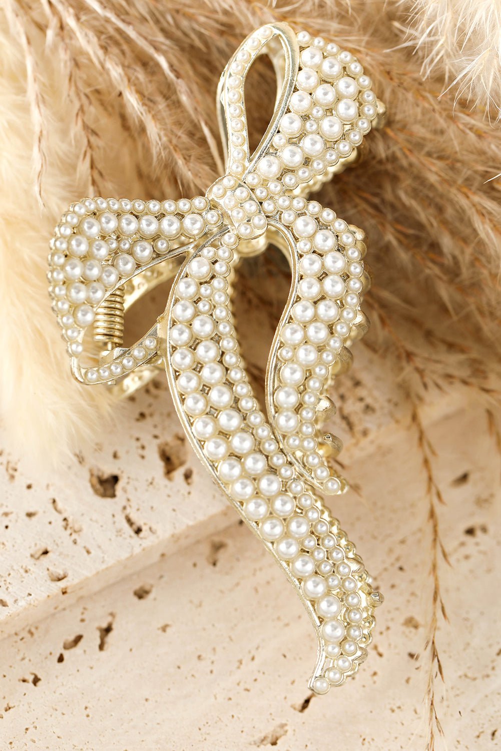Gold Full Pearl Bow Knot Hair Claw Clip - Image 3