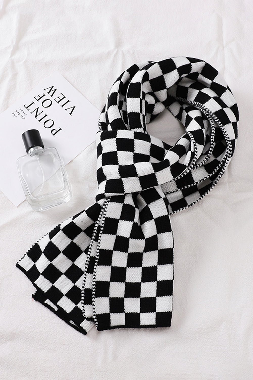 Black Checkered Knitted Soft Warm Large Scarf - Image 4