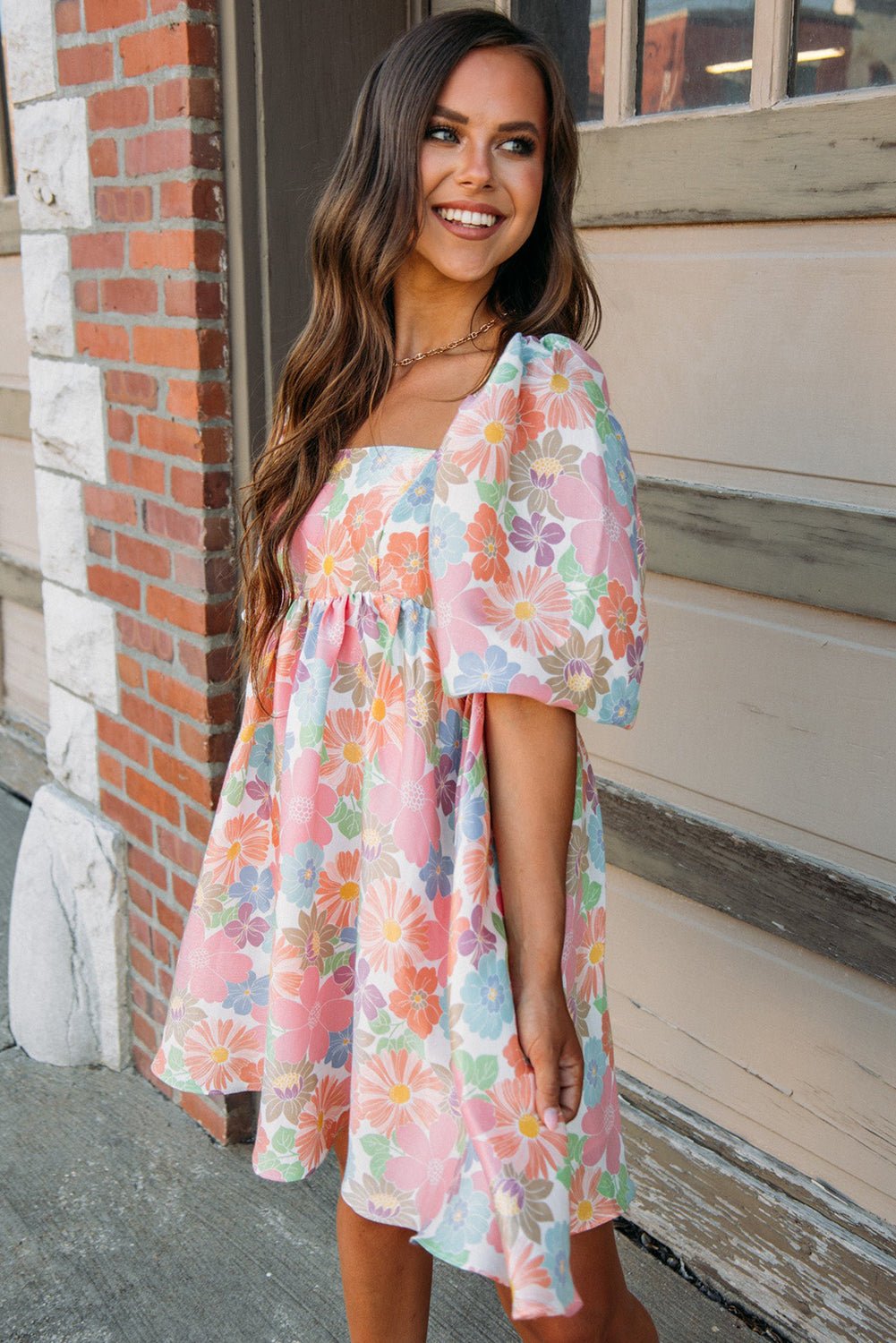 Pink Summer Floral Square Neck Puff Sleeve Babydoll Dress - Image 4
