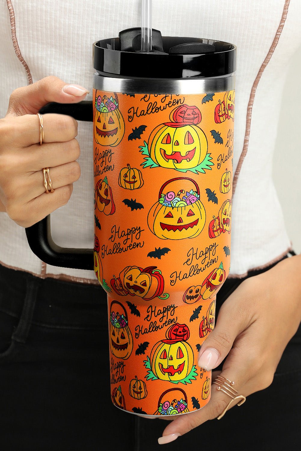 Orange Halloween Pumpkin Print Handle Large Tumbler 40oz - Image 2