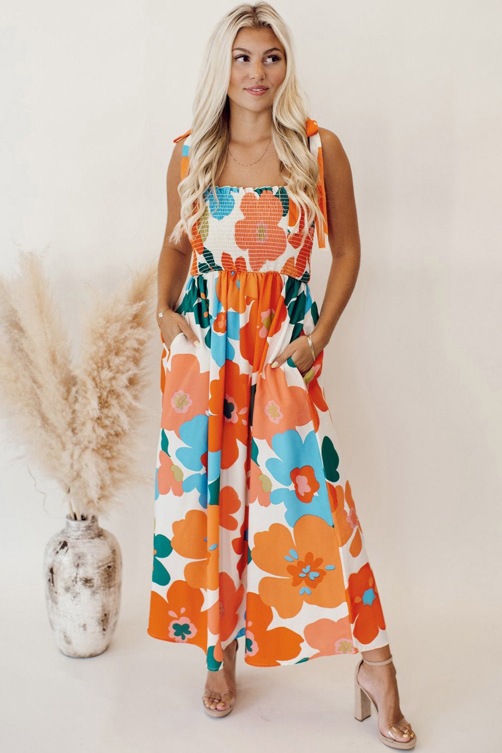 Orange Floral Self Tied Straps Smocked Bust Maxi Dress - Image 4