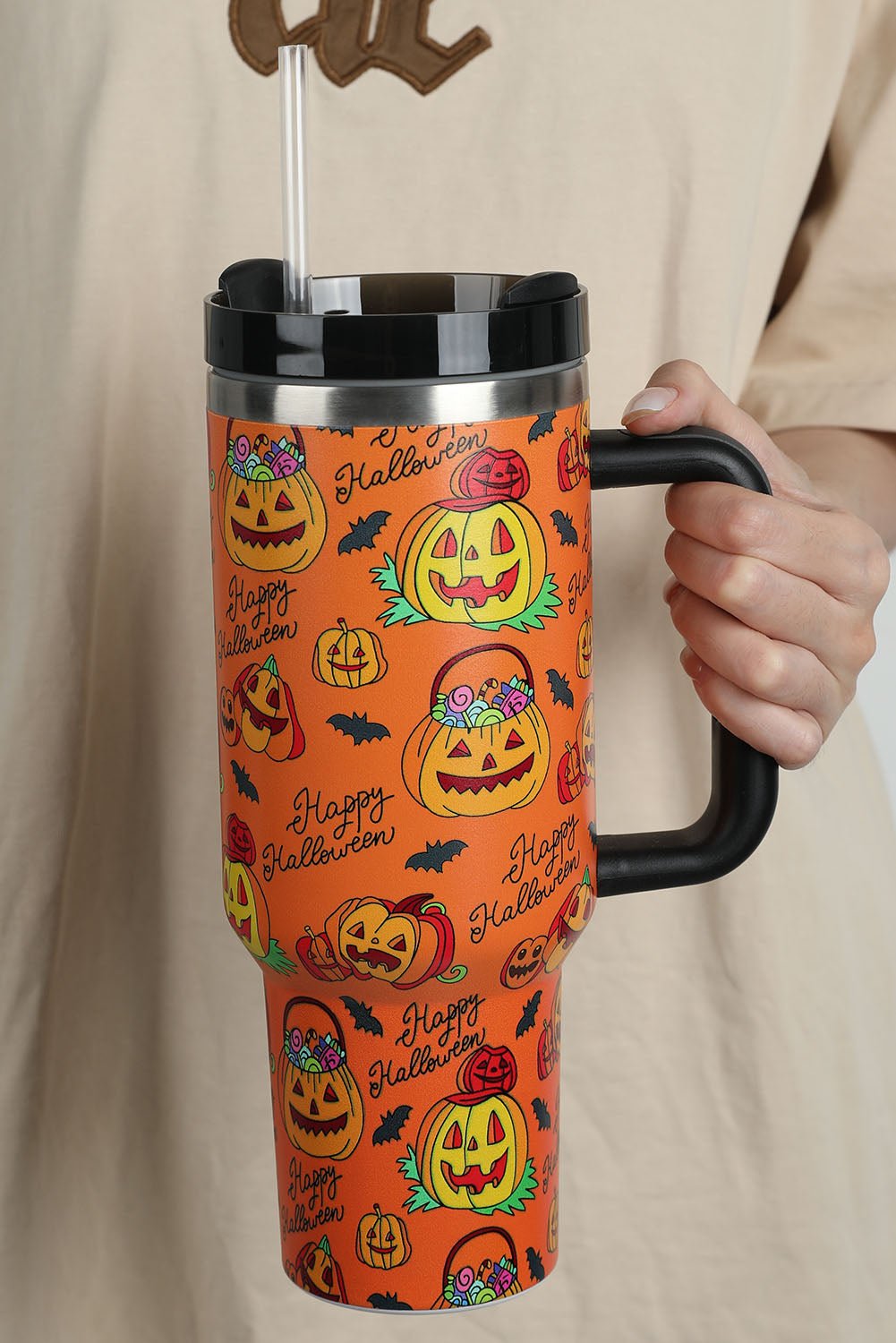 Orange Halloween Pumpkin Print Handle Large Tumbler 40oz - Image 4