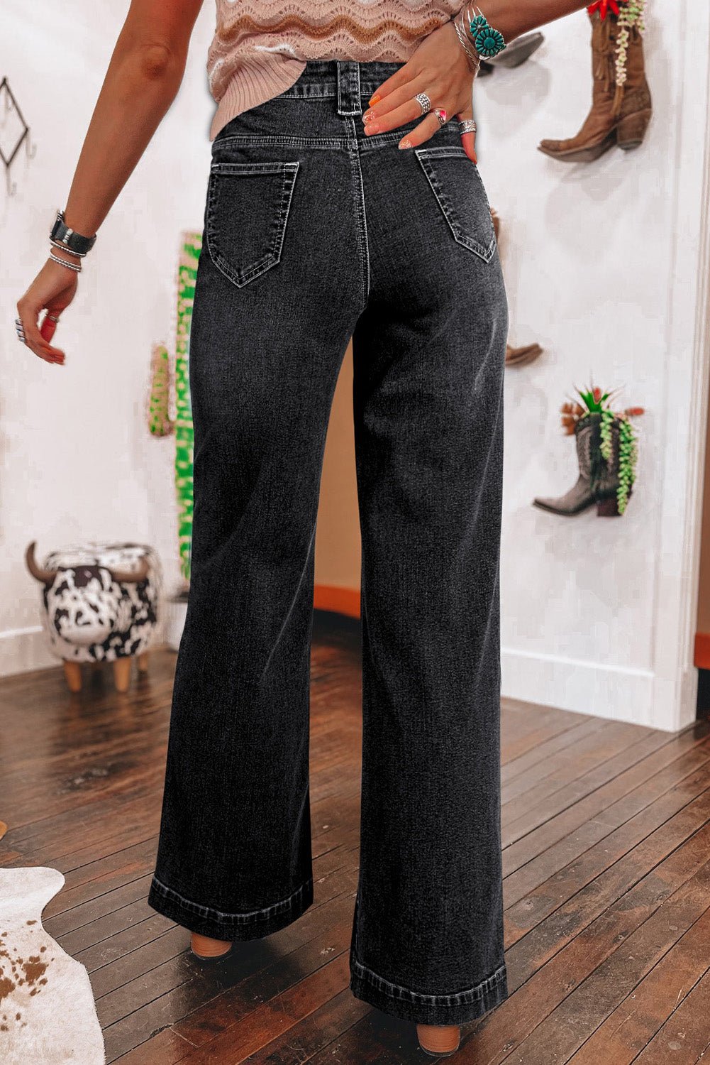 Black Wide Leg Pocketed High Waist Jeans - Image 2