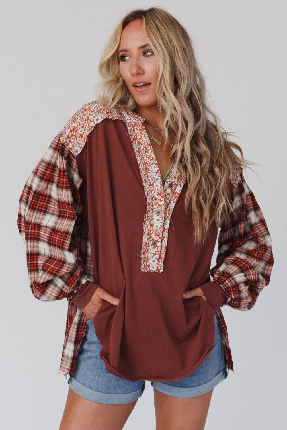 Red Floral Plaid Mixed Print Bishop Sleeve Patchwork Top - Image 14