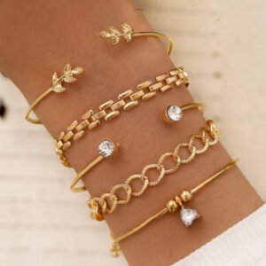 Gold Leaves Heart Shape Rhinestone Inlay Adjustable Bracelet Set