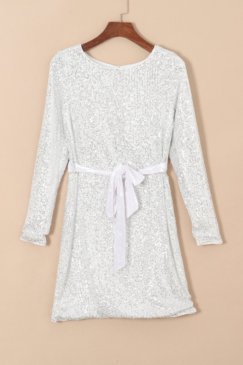 Silvery Sequin Long Sleeve Tie Waist Mini Dress - Image 6