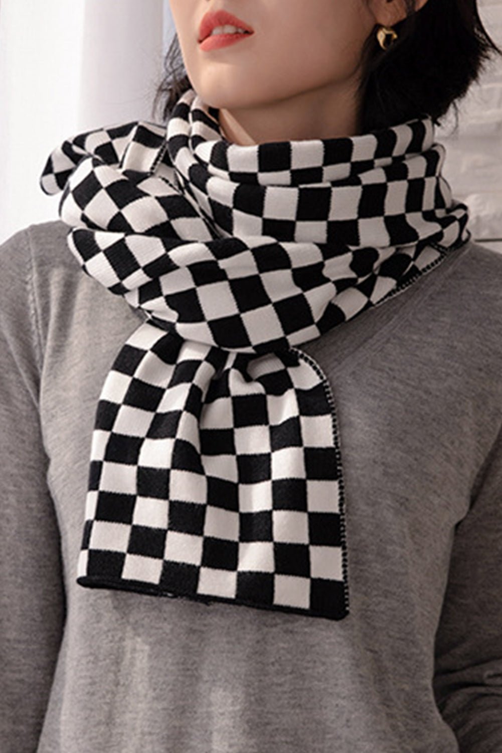 Black Checkered Knitted Soft Warm Large Scarf - Image 2