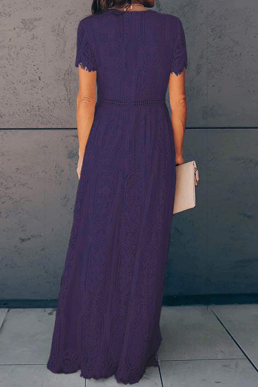 Burgundy Deep V Neck Short Sleeve Lace Maxi Dress - Image 27