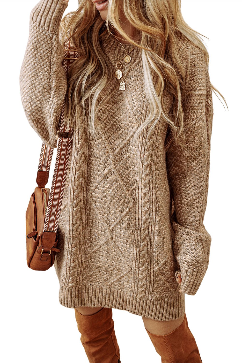 Parchment Cable Knit Drop Shoulder Loose Fit Sweater Dress - Image 8