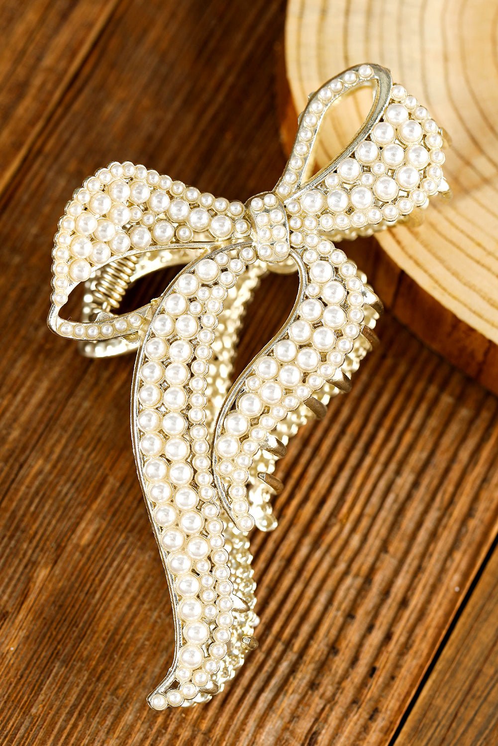 Gold Full Pearl Bow Knot Hair Claw Clip - Image 7