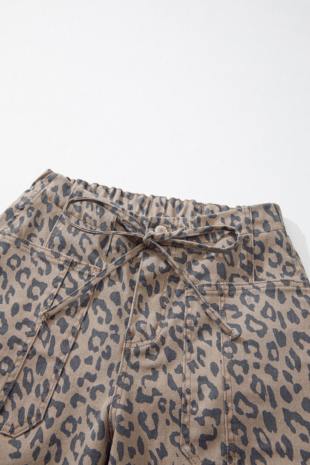 Khaki Leopard Printed Drawstring Waist Pocketed Wide Leg Jeans - Image 7