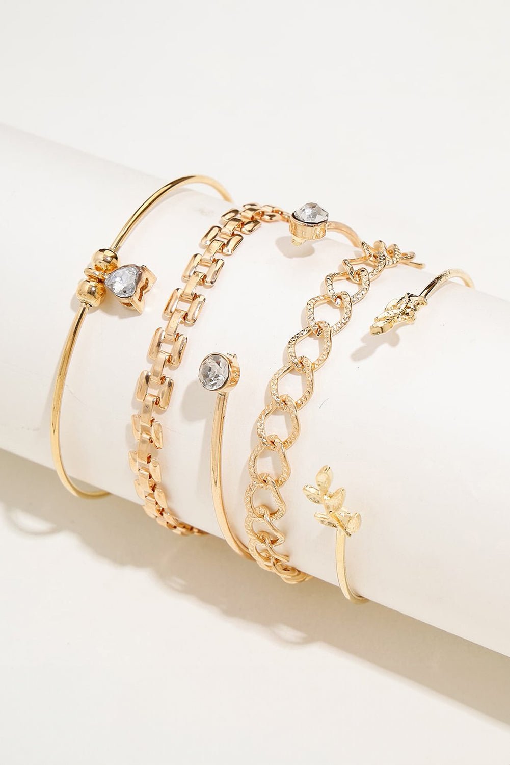 Gold Leaves Heart Shape Rhinestone Inlay Adjustable Bracelet Set - Image 2