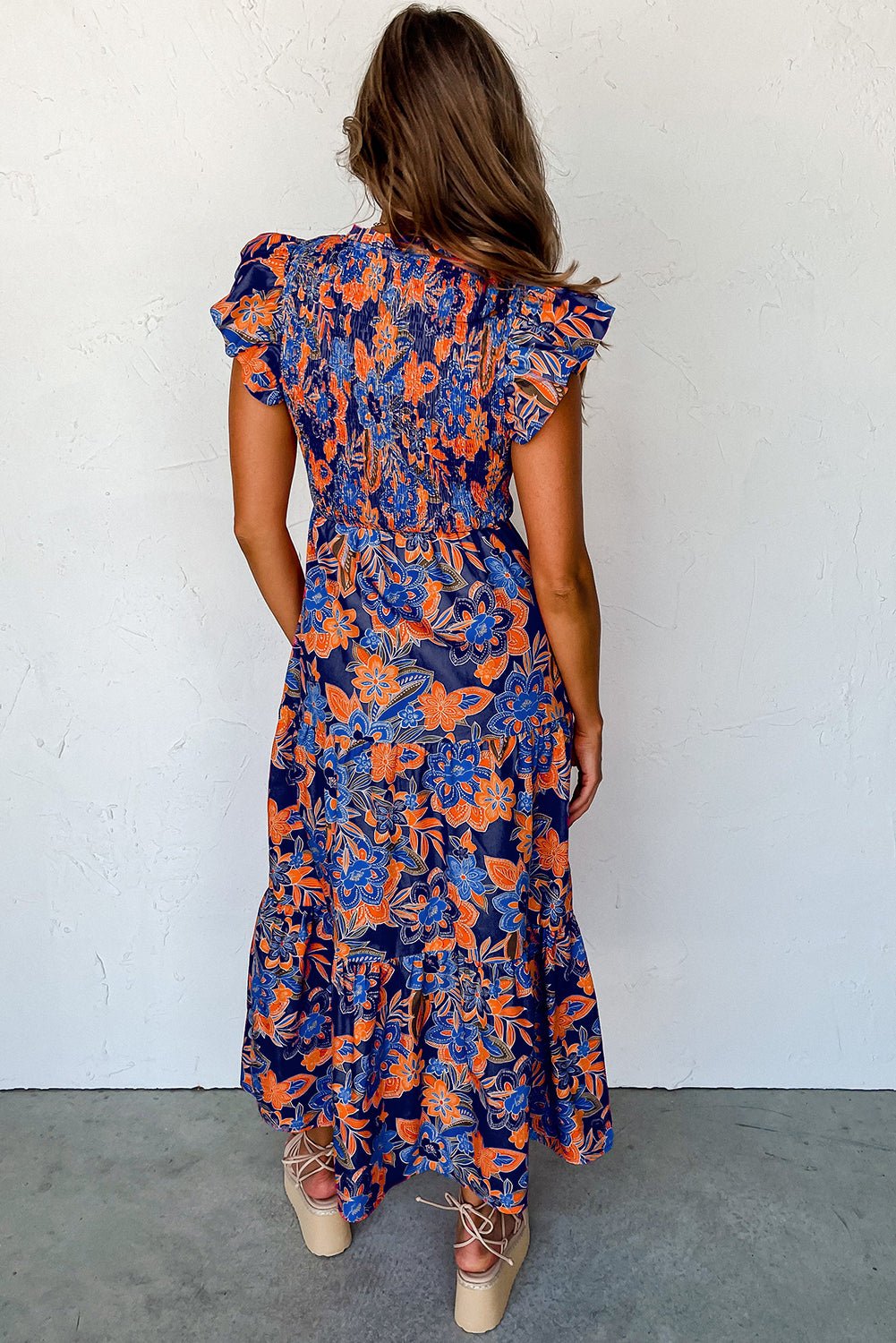 Dark Blue Boho Floral V Neck Ruffle Tiered Long Dress - Image 2