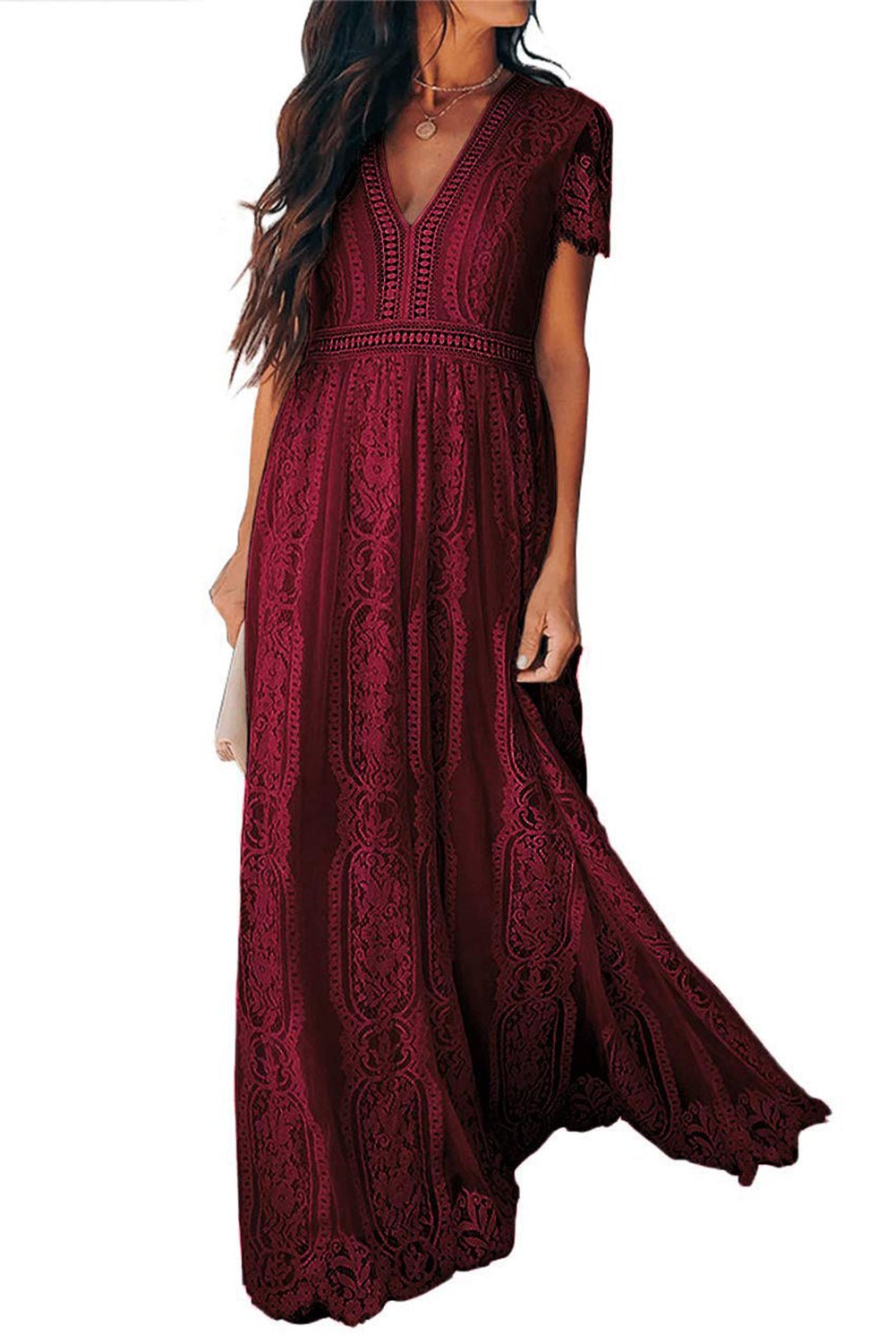 Burgundy Deep V Neck Short Sleeve Lace Maxi Dress - Image 4