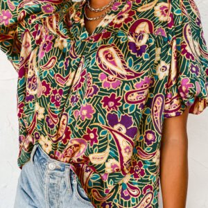 Green V Neck Short Bubble Sleeve Paisley Blouse