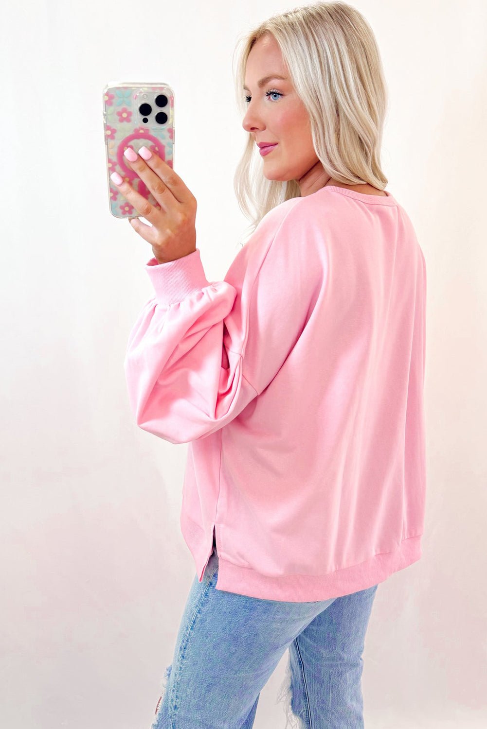 Light Pink Embroidered Bow Lantern Sleeve Oversized Pullover Sweatshirt - Image 2