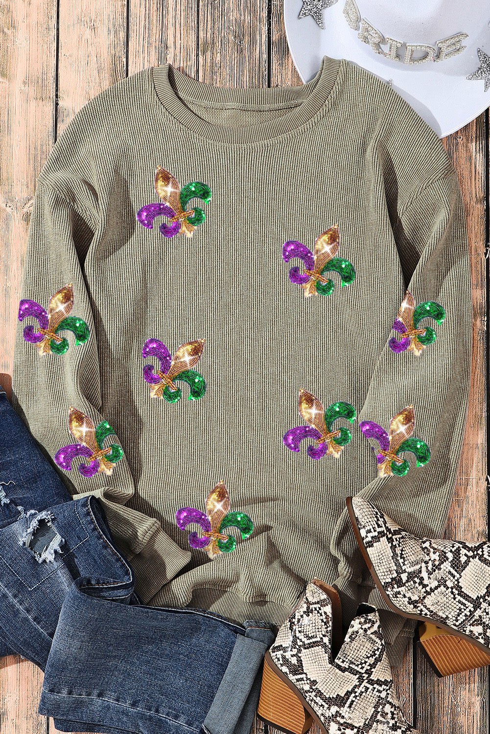 Green Glitter Mardi Gras Symbol Corded Baggy Sweatshirt - Image 4