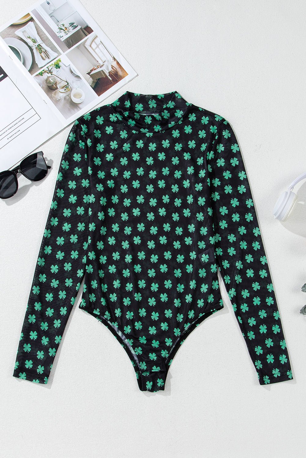 Green St Patrick Shamrock Printed Long Sleeve Mesh Bodysuit - Image 8