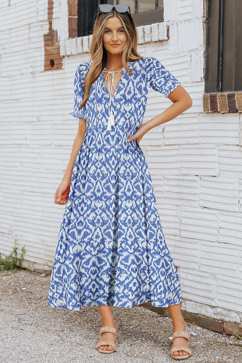 V Neck Casual Geometric Print Maxi Dress - Image 3