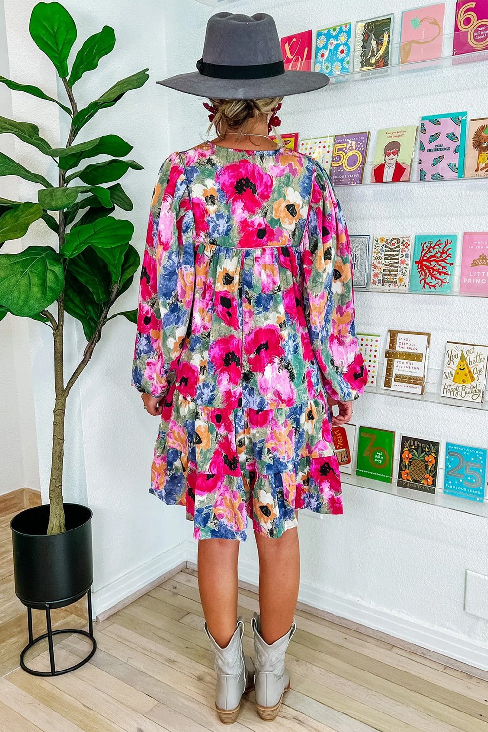 Multicolour Floral Tie Neck Bubble Sleeve Shift Dress - Image 2