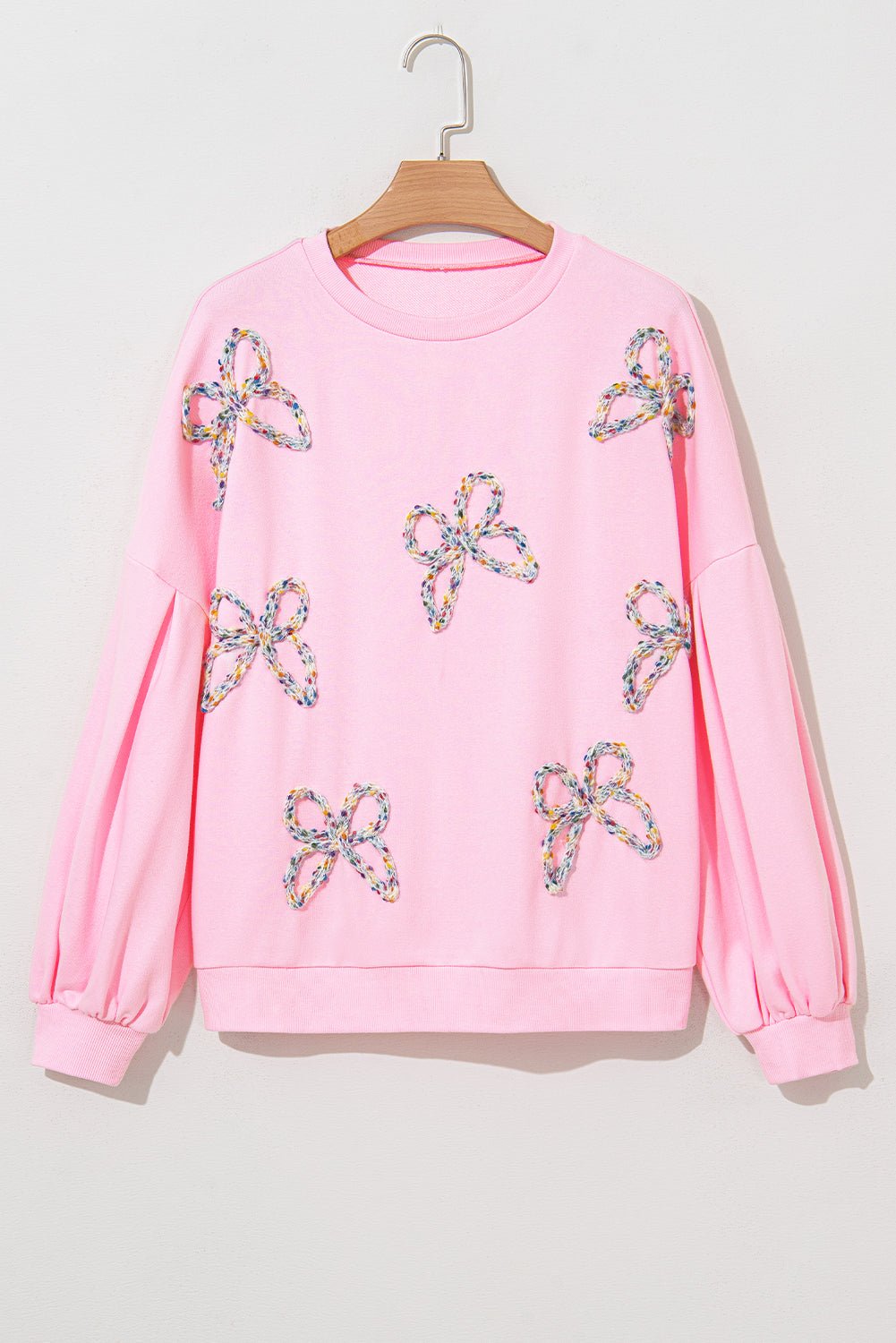 Light Pink Embroidered Bow Lantern Sleeve Oversized Pullover Sweatshirt - Image 7