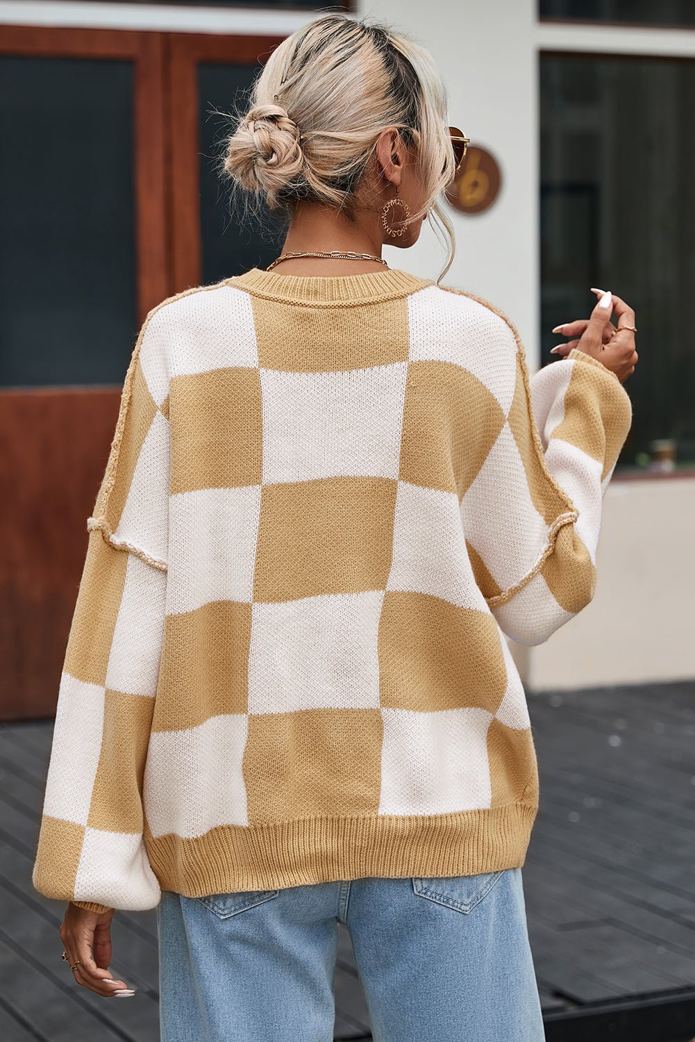 Khaki Checkered Bishop Sleeve Sweater - Image 12