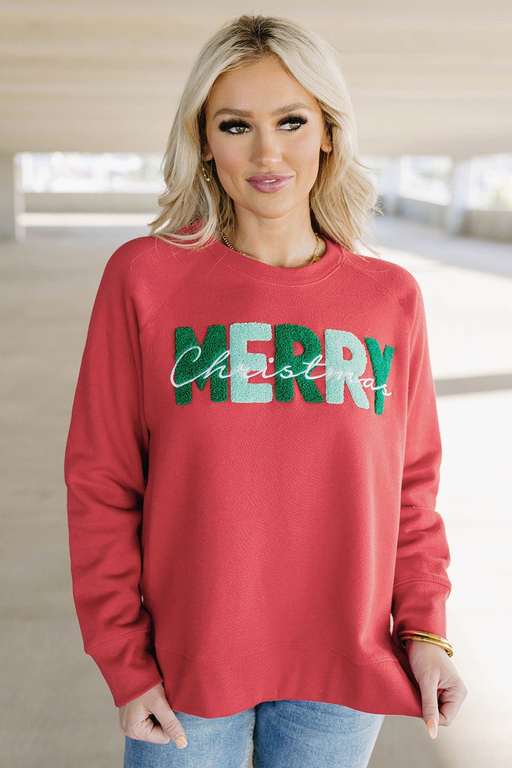 Fiery Red Chenille MERRY Christmas Raglan Sleeve Sweatshirt - Image 4