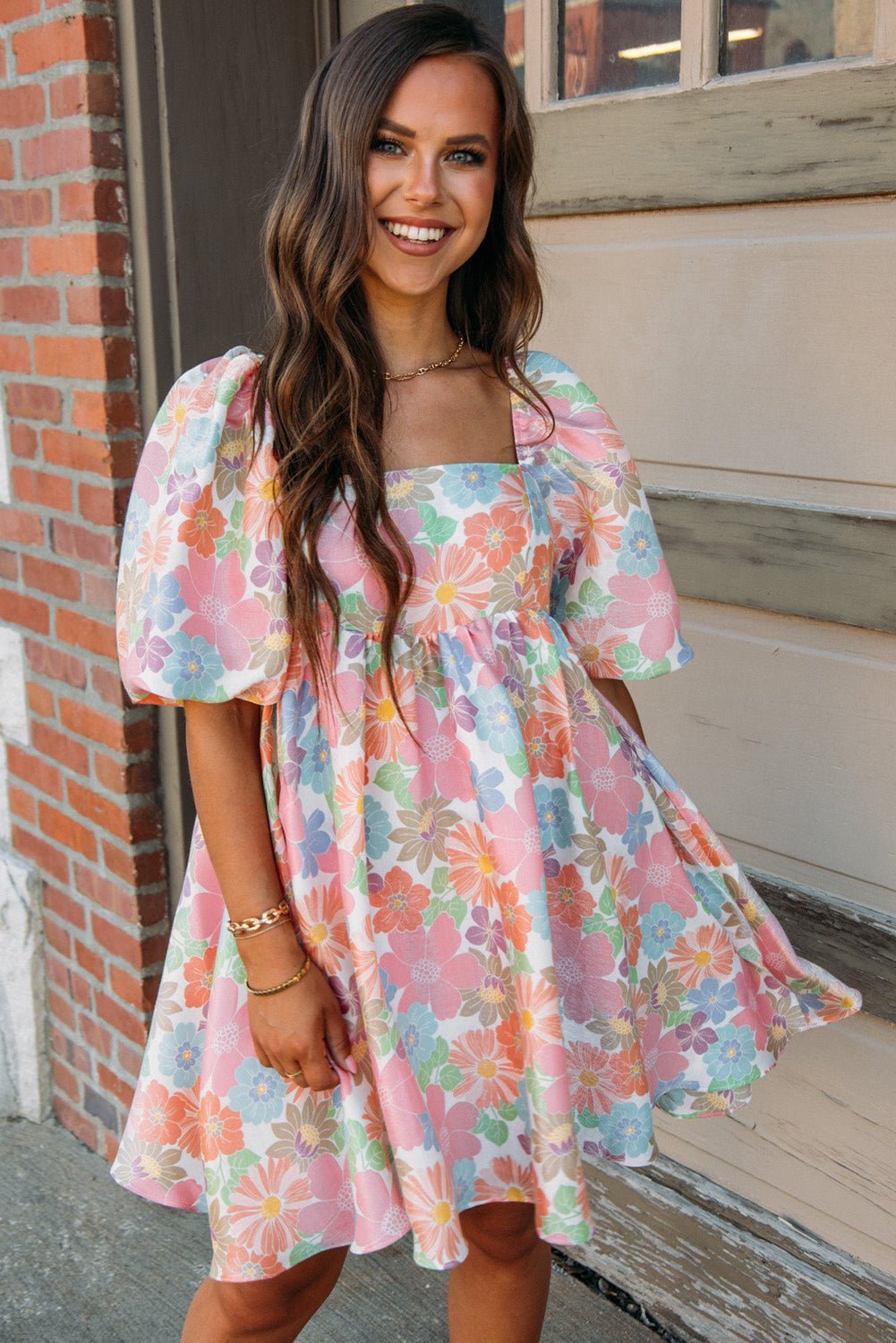 Pink Summer Floral Square Neck Puff Sleeve Babydoll Dress - Image 3