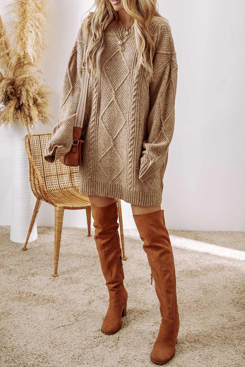 Parchment Cable Knit Drop Shoulder Loose Fit Sweater Dress - Image 6