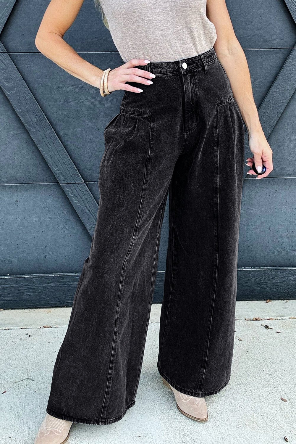 Dark Grey Pleated Wide Leg Mineral Wash Denim Pants - Image 4