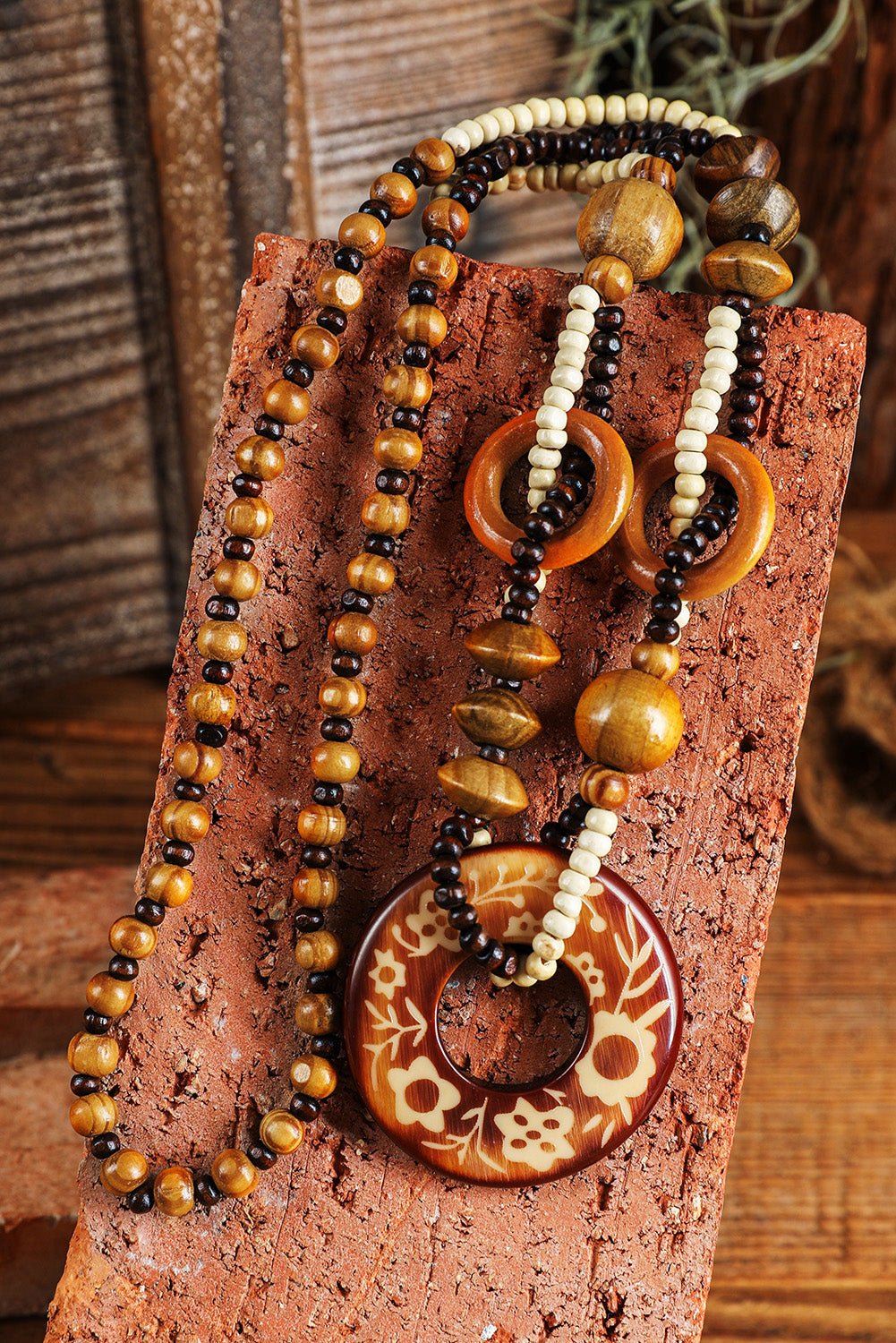 Brown Vintage Beaded Wooden Pendant Necklace - Image 2