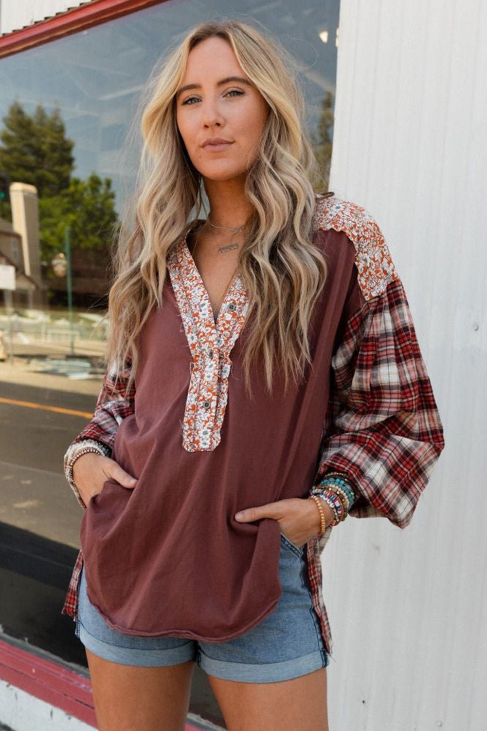 Red Floral Plaid Mixed Print Bishop Sleeve Patchwork Top - Image 10