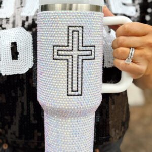 White Cross Rhinestone40 OZ Tumbler with Handle