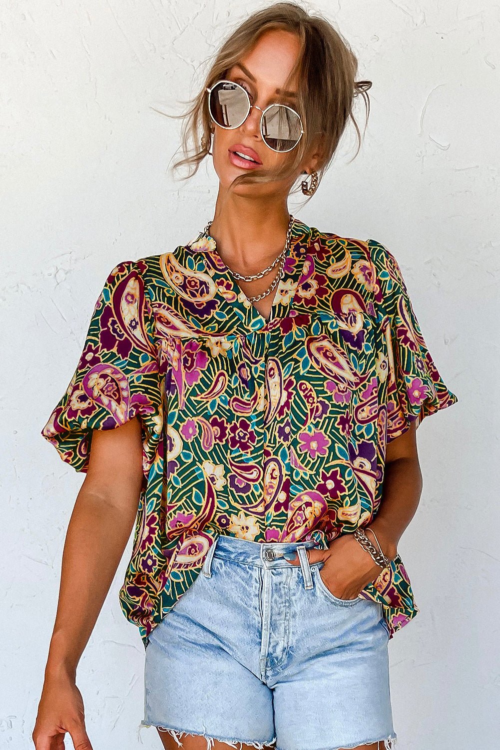 Green V Neck Short Bubble Sleeve Paisley Blouse - Image 3