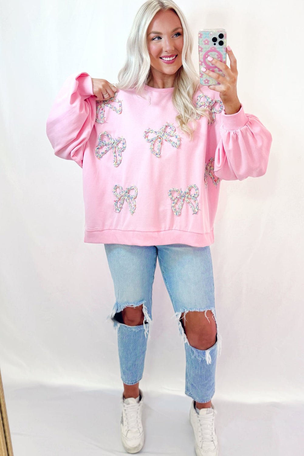 Light Pink Embroidered Bow Lantern Sleeve Oversized Pullover Sweatshirt - Image 4