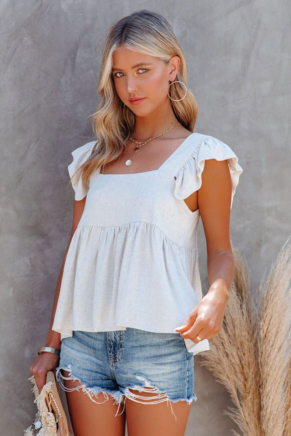 Khaki Flutter Shoulder Babydoll Top - Image 7