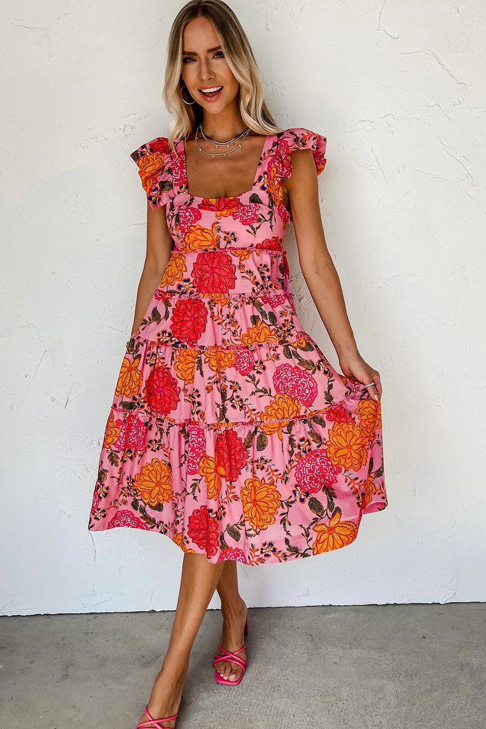 Pink Floral Square Neck Ruffled Flutter Sleeve Tiered Midi Dress - Image 7