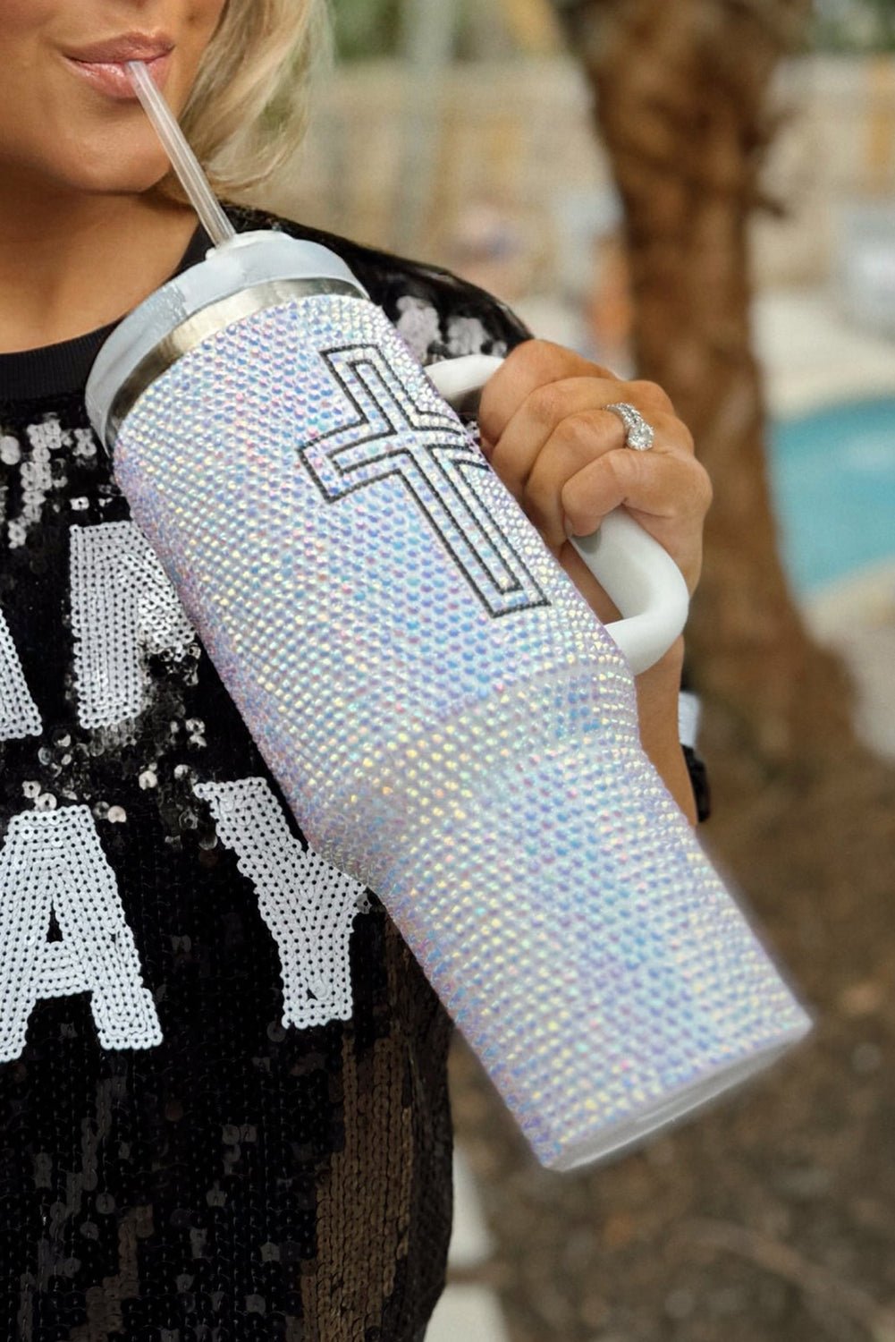 White Cross Rhinestone40 OZ Tumbler with Handle - Image 2